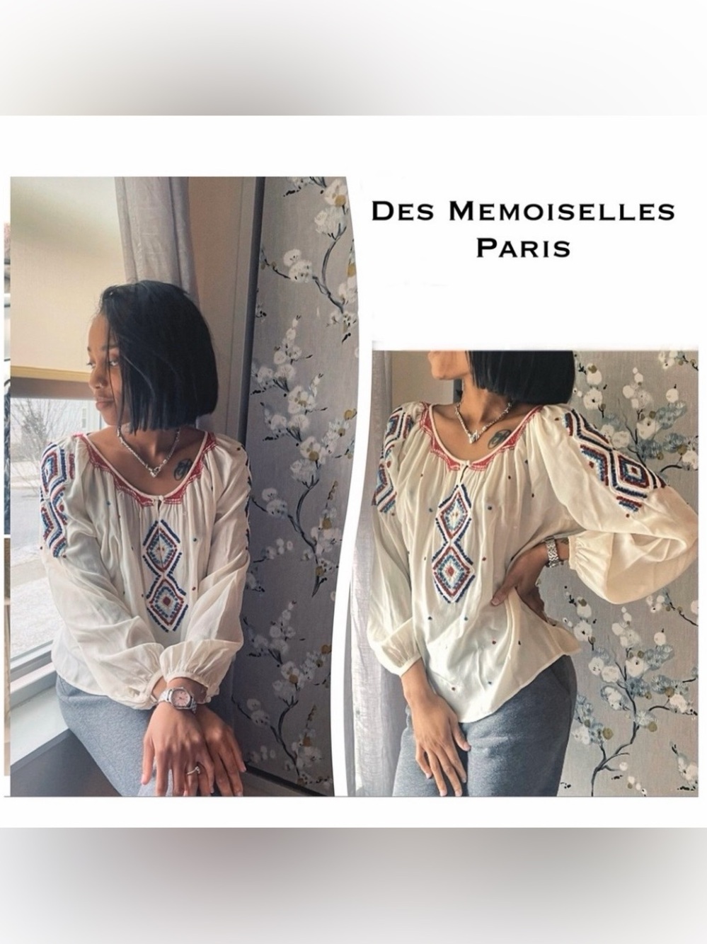 MES DEMOISELLES Mila Embroidered Silk Peasant Blouse